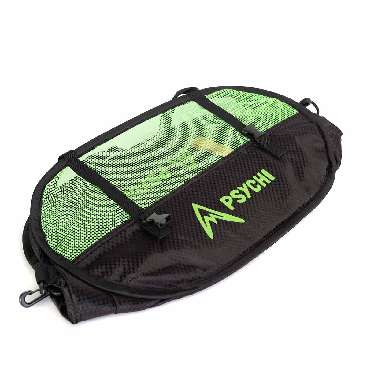 Black and neon green rope bag with PSYCHI logo, front strap and end clips