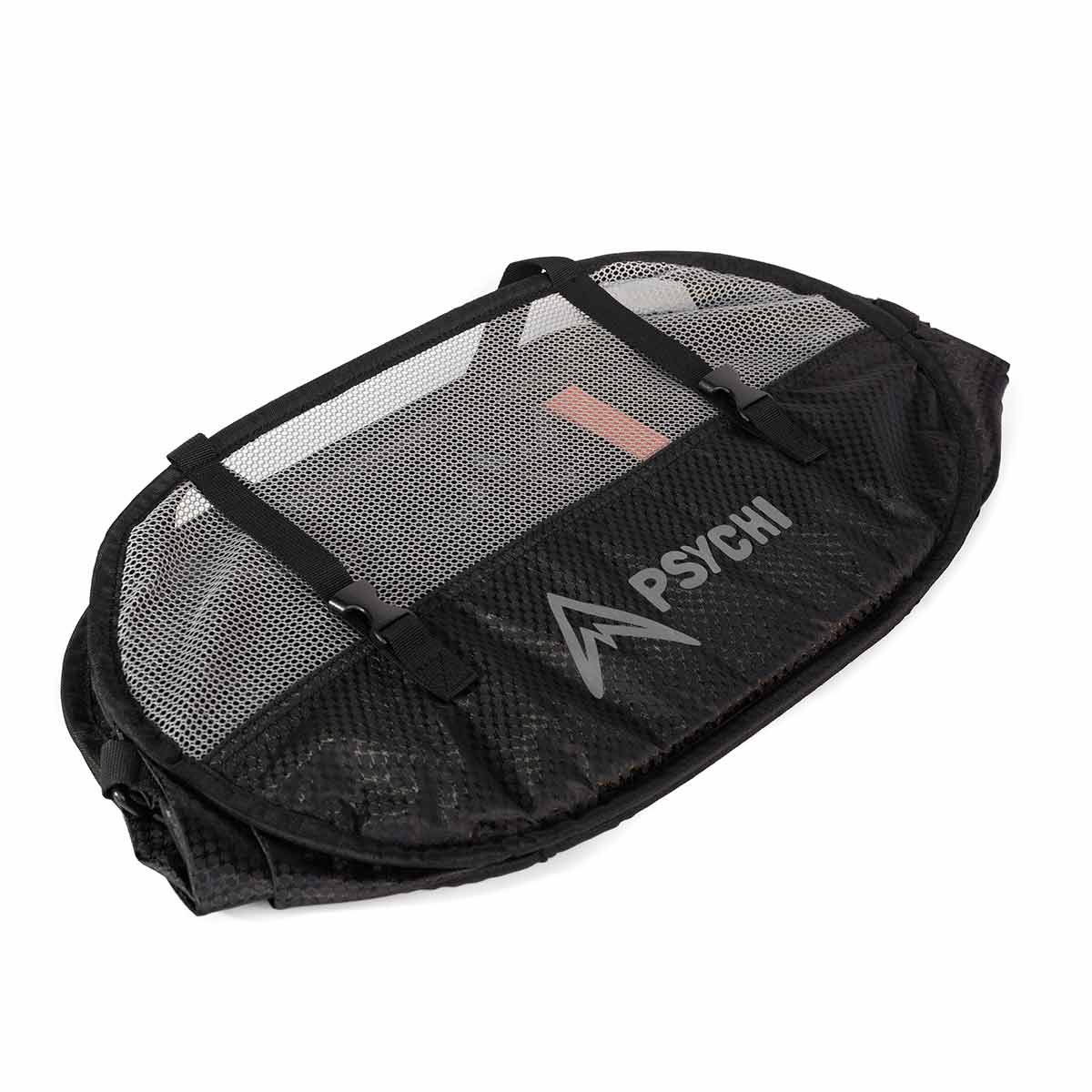 Black and gray mesh rope bag with PSYCHI logo and top strap