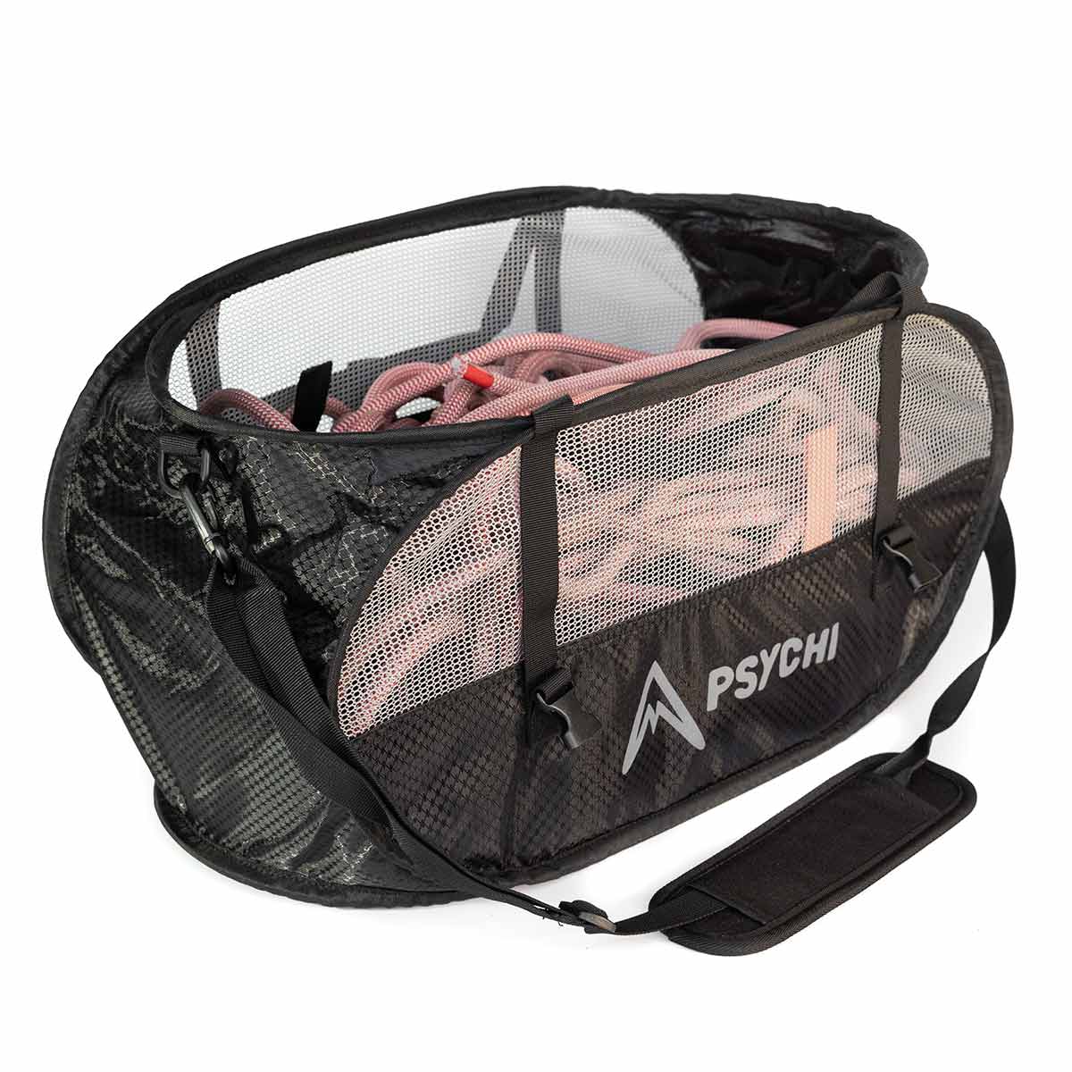 Black rope bag with gray mesh panels, PSYCHI logo, and wide shoulder strap