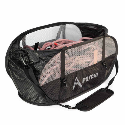 Black rope bag with gray mesh panels, PSYCHI logo, and wide shoulder strap