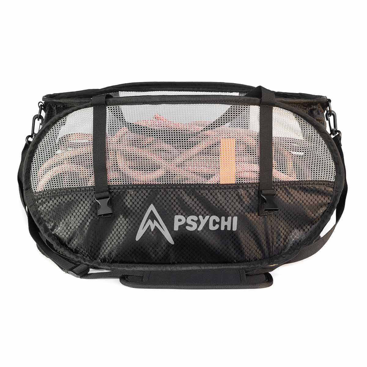 Black rope bag with white mesh panel and PSYCHI logo, top handle and side clips