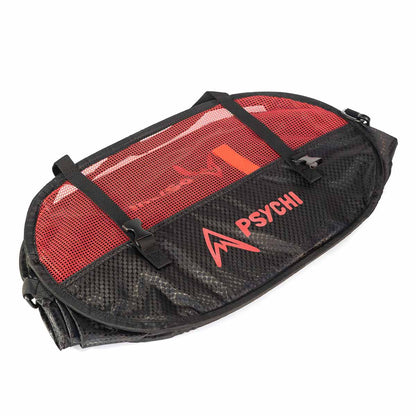 Red and black mesh climbing rope bucket bag with webbing straps and PSYCHI logo