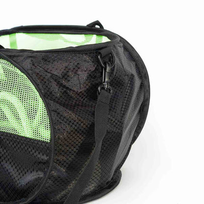 Black mesh rope bag detail with front zipper pocket and textured paneling