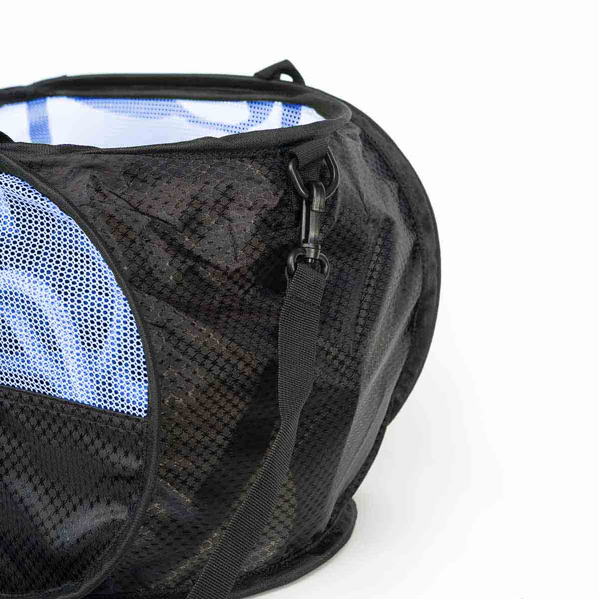 Blue and black mesh climbing rope bucket bag with zipper pull and strap loop detail