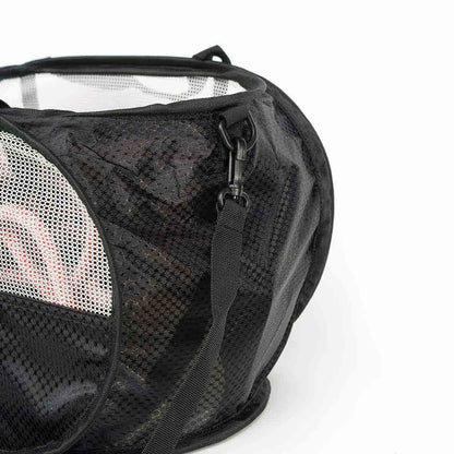 Black rope bag with gray mesh panel and side zipper pocket, close-up