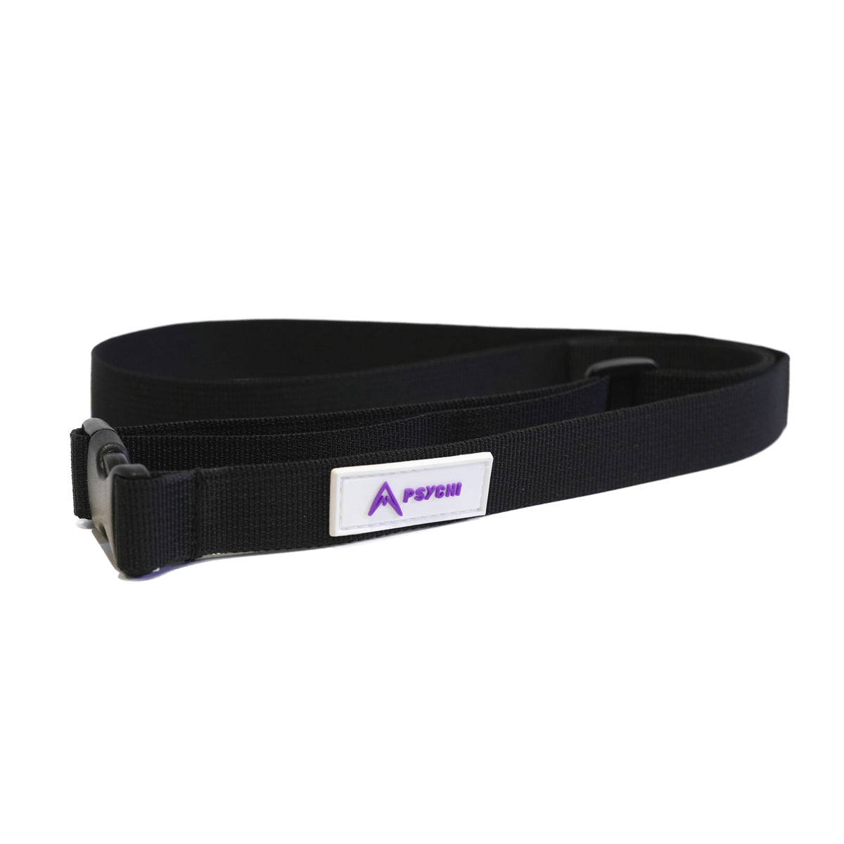 Black chalk bag waist strap with buckle and rectangular logo patch, laid flat
