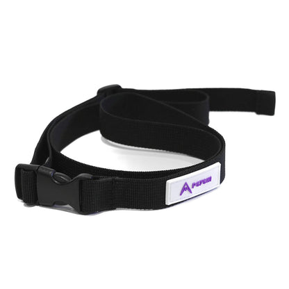 Black chalk bag waist strap with metal buckle and logo label, side view