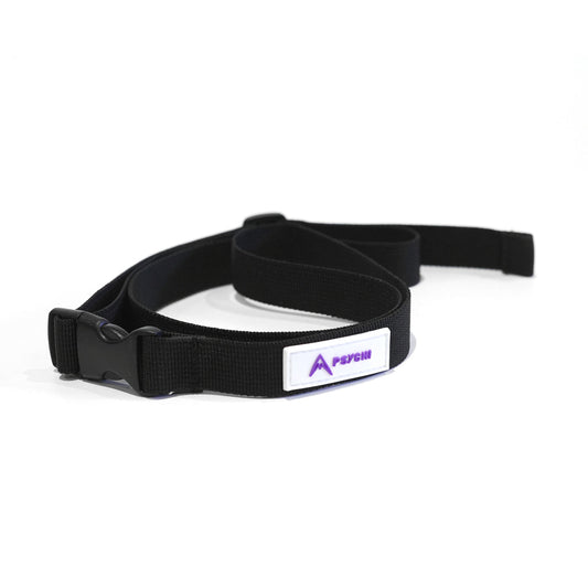 Black chalk bag waist strap with adjustable buckle and logo label