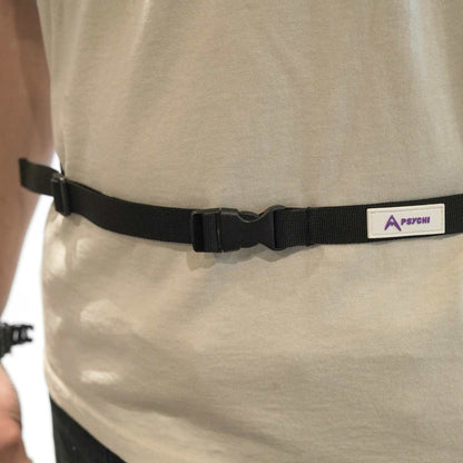 Black chalk bag waist strap with adjustable buckle, worn on the waist