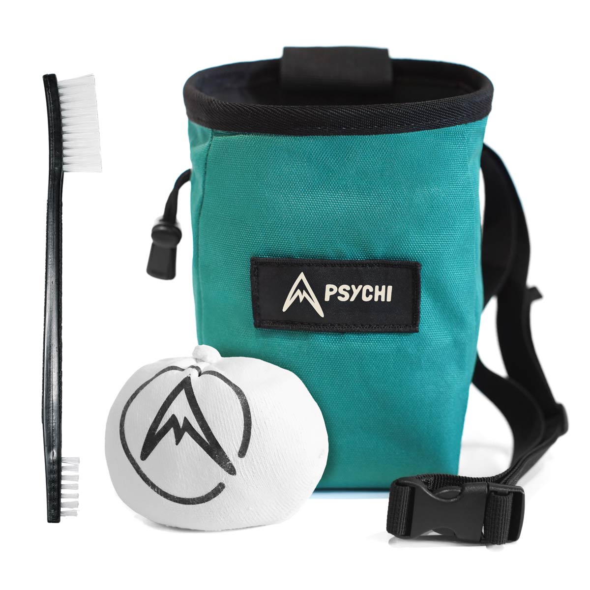 Teal Psychi climbing chalk bag with logo patch, chalk block, and brush included