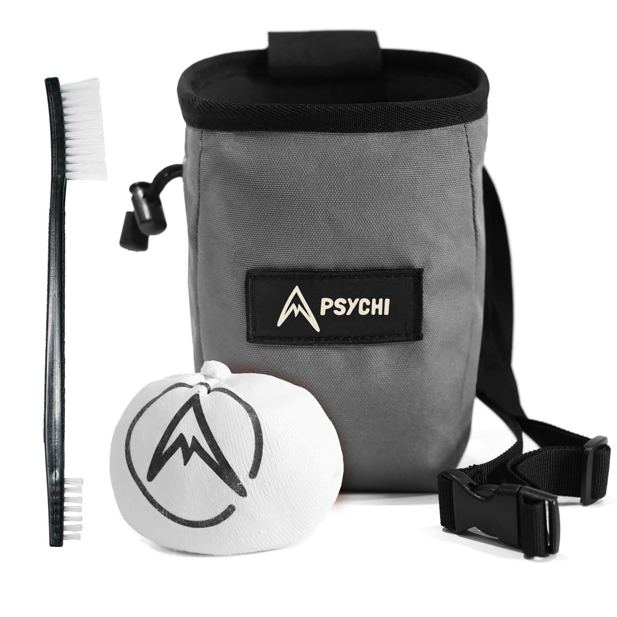 Grey Psychi climbing chalk bag with logo patch, chalk block, and brush included