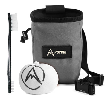 Grey Psychi climbing chalk bag with logo patch, chalk block, and brush included