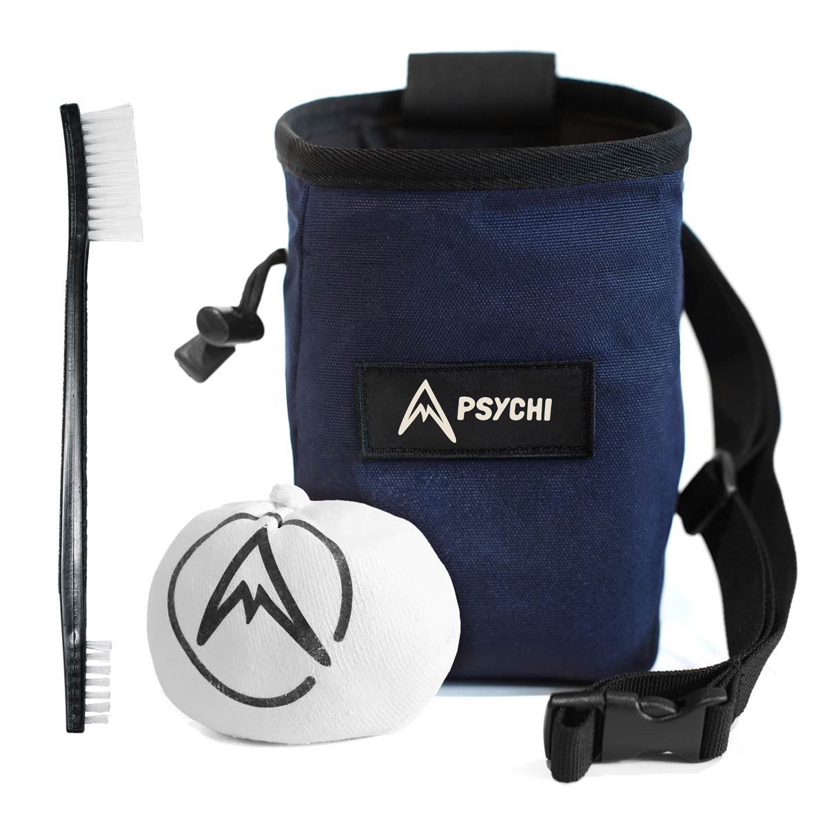 Navy Psychi climbing chalk bag with logo patch, chalk block, and brush included
