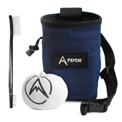Navy Psychi climbing chalk bag with logo patch, chalk block, and brush included