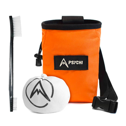 Orange Psychi climbing chalk bag with logo patch, chalk block, and brush included