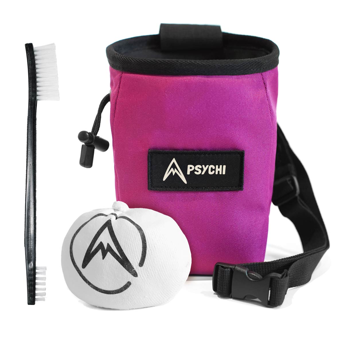 Magenta climbing chalk bag with PSYCHI logo patch, strap, and small brush