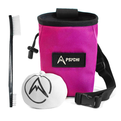 Magenta climbing chalk bag with PSYCHI logo patch, strap, and small brush