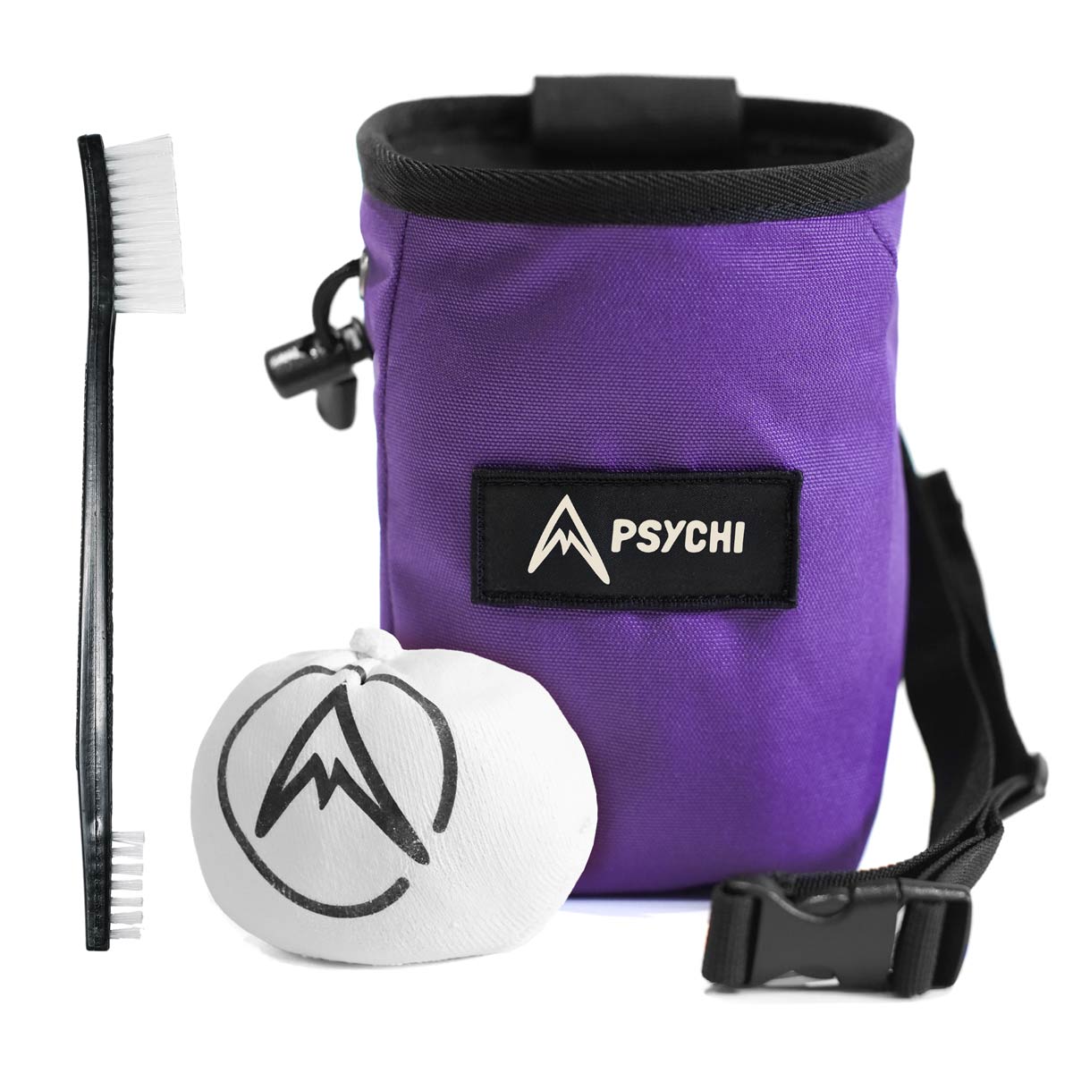 Purple Psychi climbing chalk bag with logo patch, chalk block, and brush included