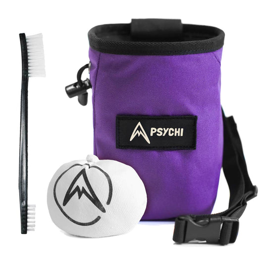 Purple Psychi climbing chalk bag with logo patch, chalk block, and brush included