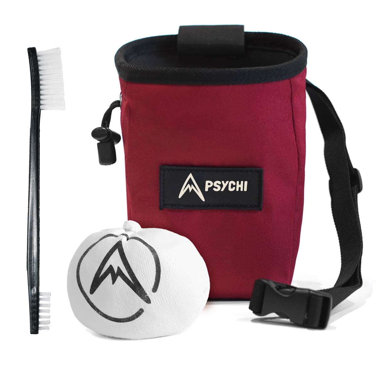 Dark red climbing chalk bag with PSYCHI logo patch, strap, and small brush
