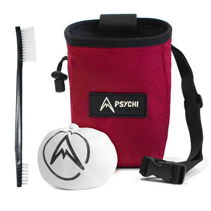 Dark red climbing chalk bag with PSYCHI logo patch, strap, and small brush