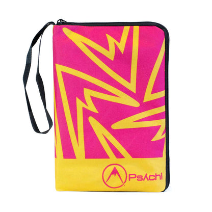 Weatherproof climbing guidebook cover in pink and yellow with zigzag graphic and wrist strap