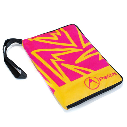 Weatherproof climbing guidebook cover in pink and yellow zigzag pattern with black strap