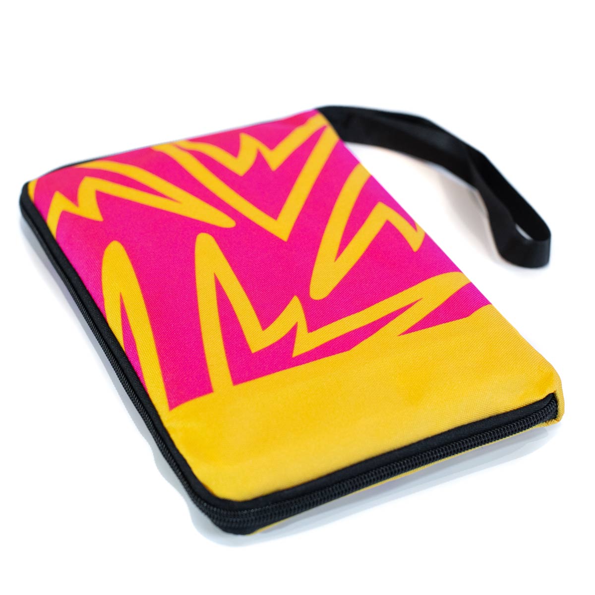 Weatherproof climbing guidebook cover in pink and yellow zigzag with black zip edge