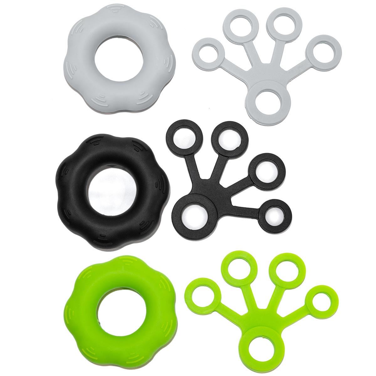 Grip strength kit with black, grey, and green circular rings and 5-finger trainers
