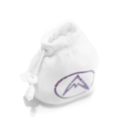 White chalk ball pouch with drawstring and purple logo on front