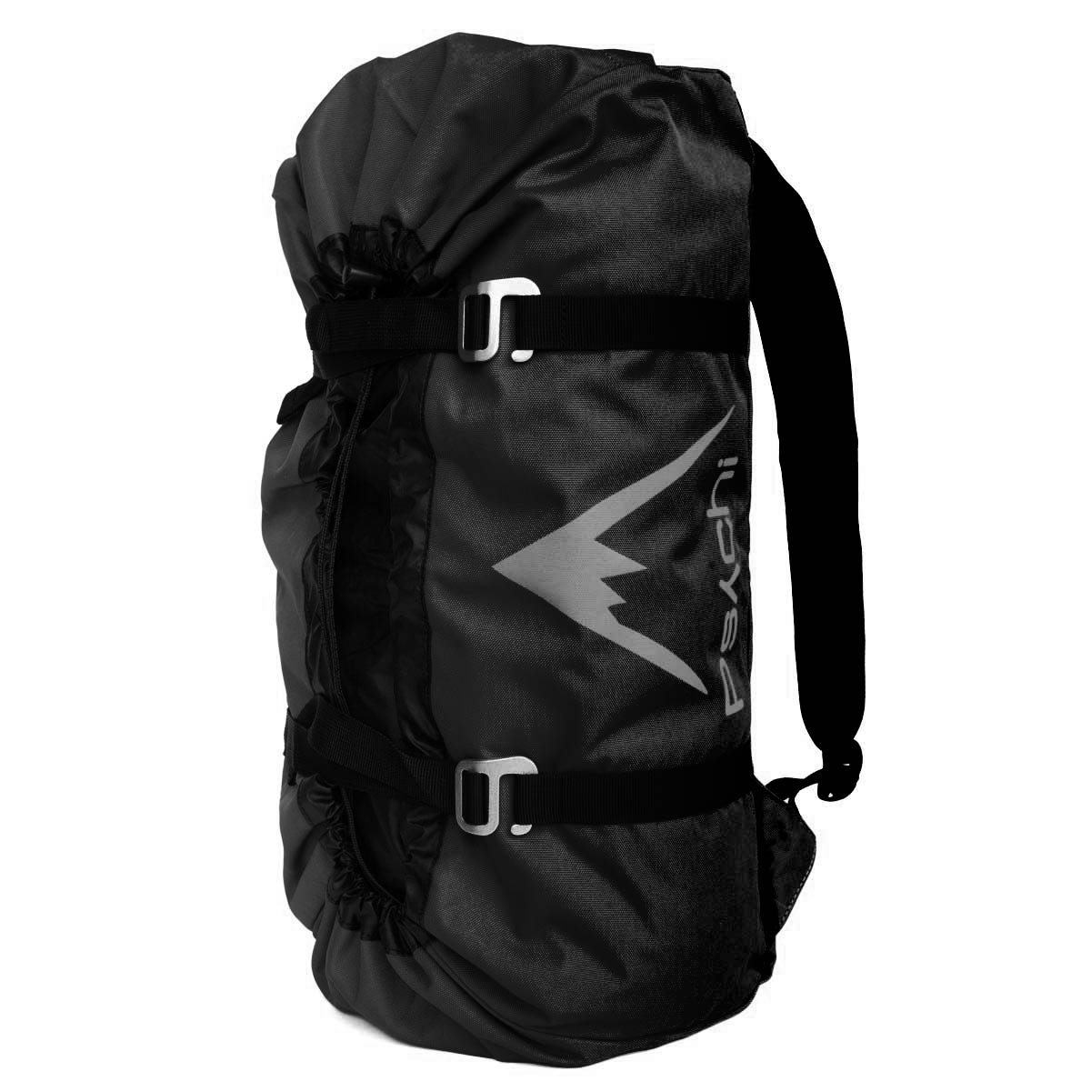 Black climbing rope bag with shoulder straps and two buckle straps