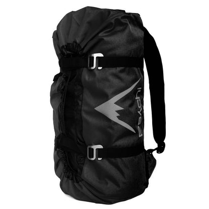 Black climbing rope bag with shoulder straps and two buckle straps