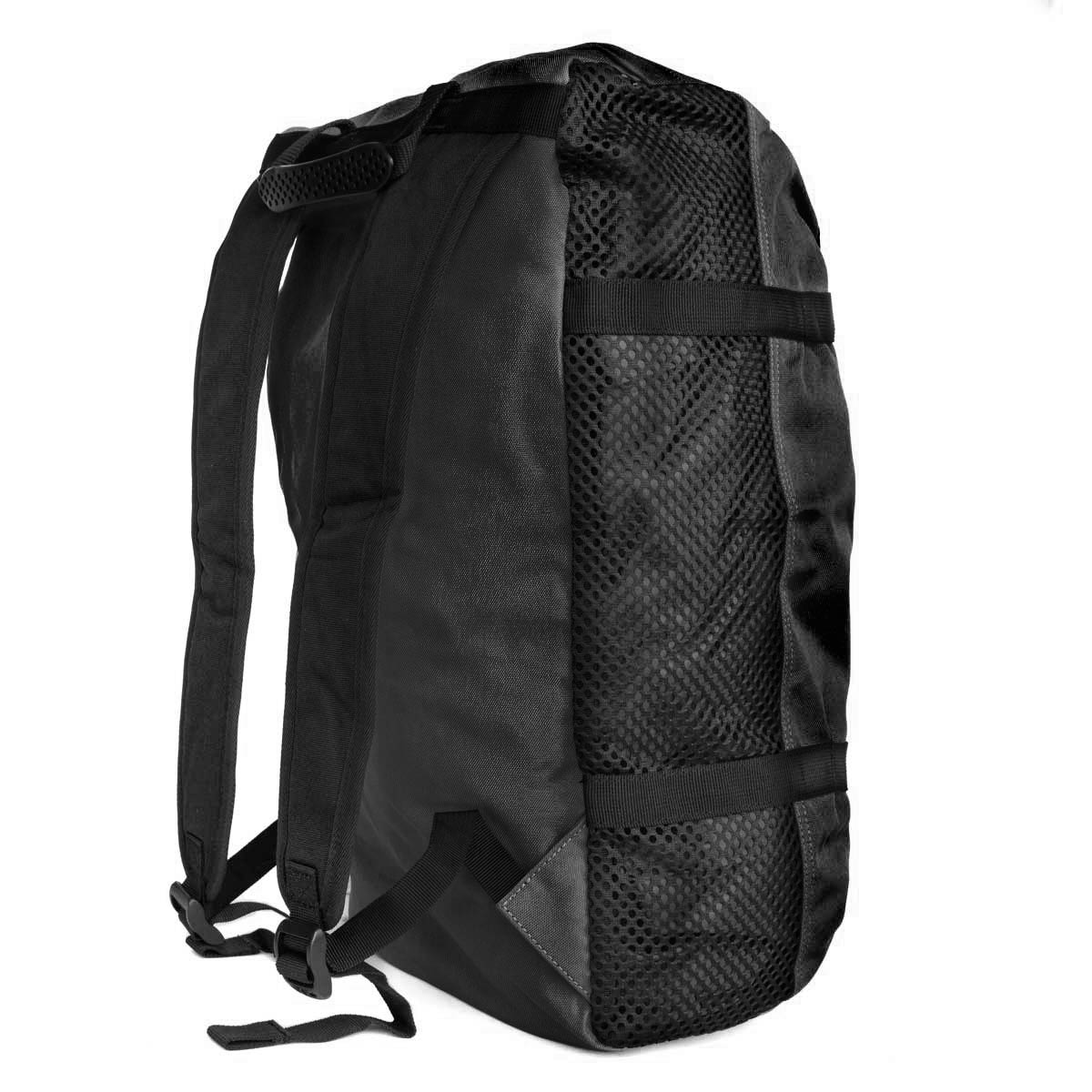 Black climbing rope bag with mesh side panel and shoulder strap