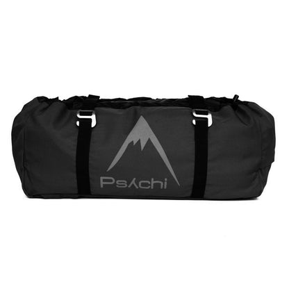 Black climbing rope bag with zip top and front logo panel