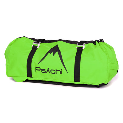 Neon green climbing rope bag with black straps and graphic logo