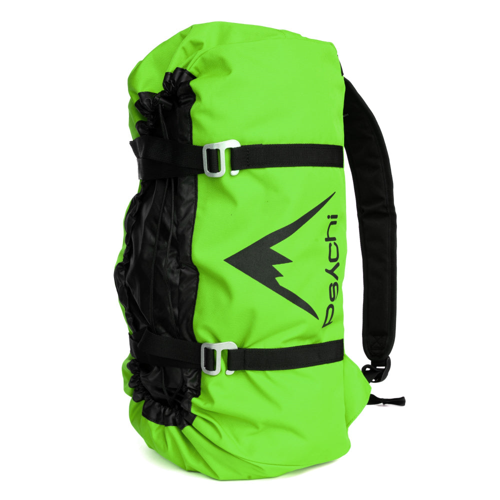 Neon green climbing rope bag with black straps, buckles, and carry handle