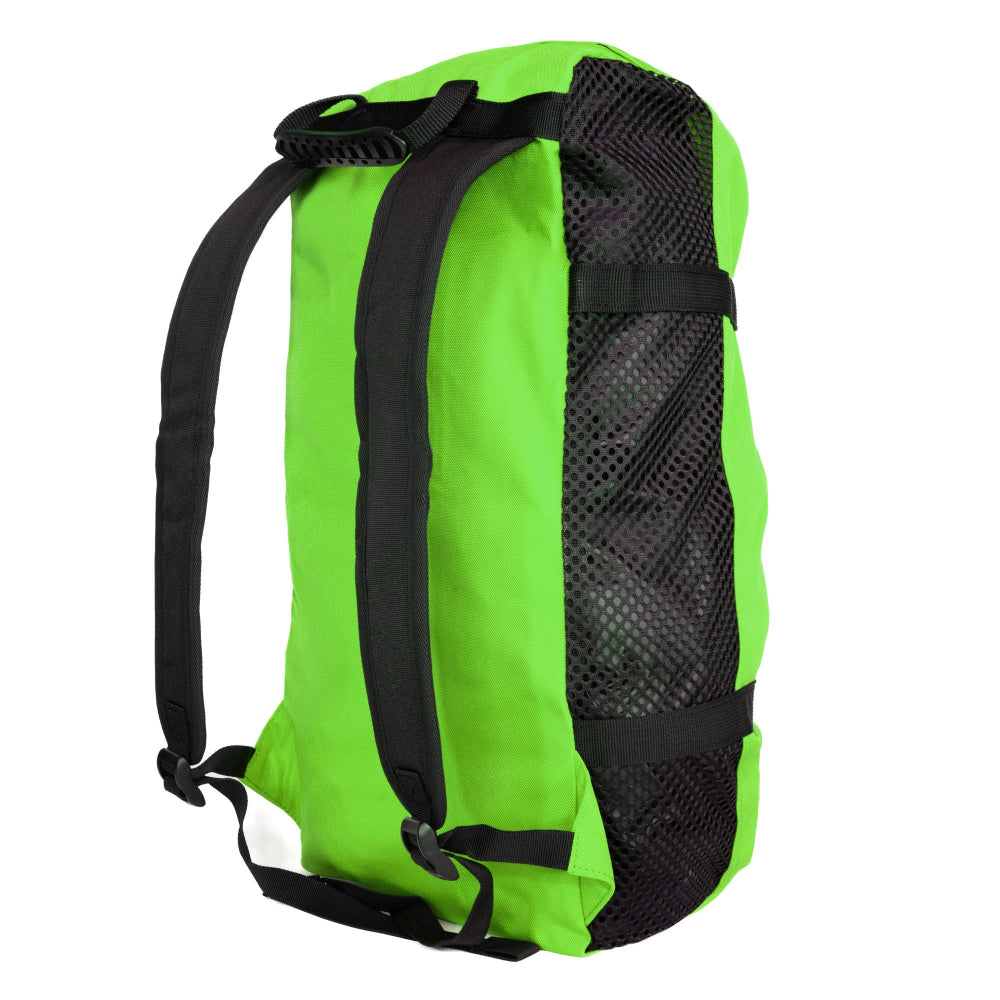 Neon green climbing rope bag with black mesh side panel and shoulder straps