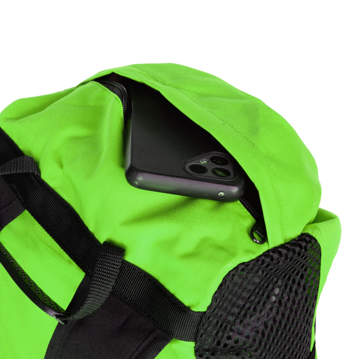 Neon green climbing rope bag with black straps and front pocket