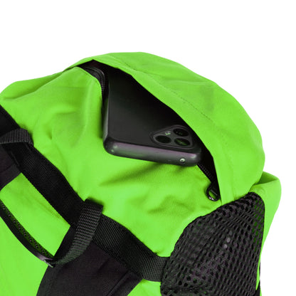 Neon green climbing rope bag with black straps and front pocket