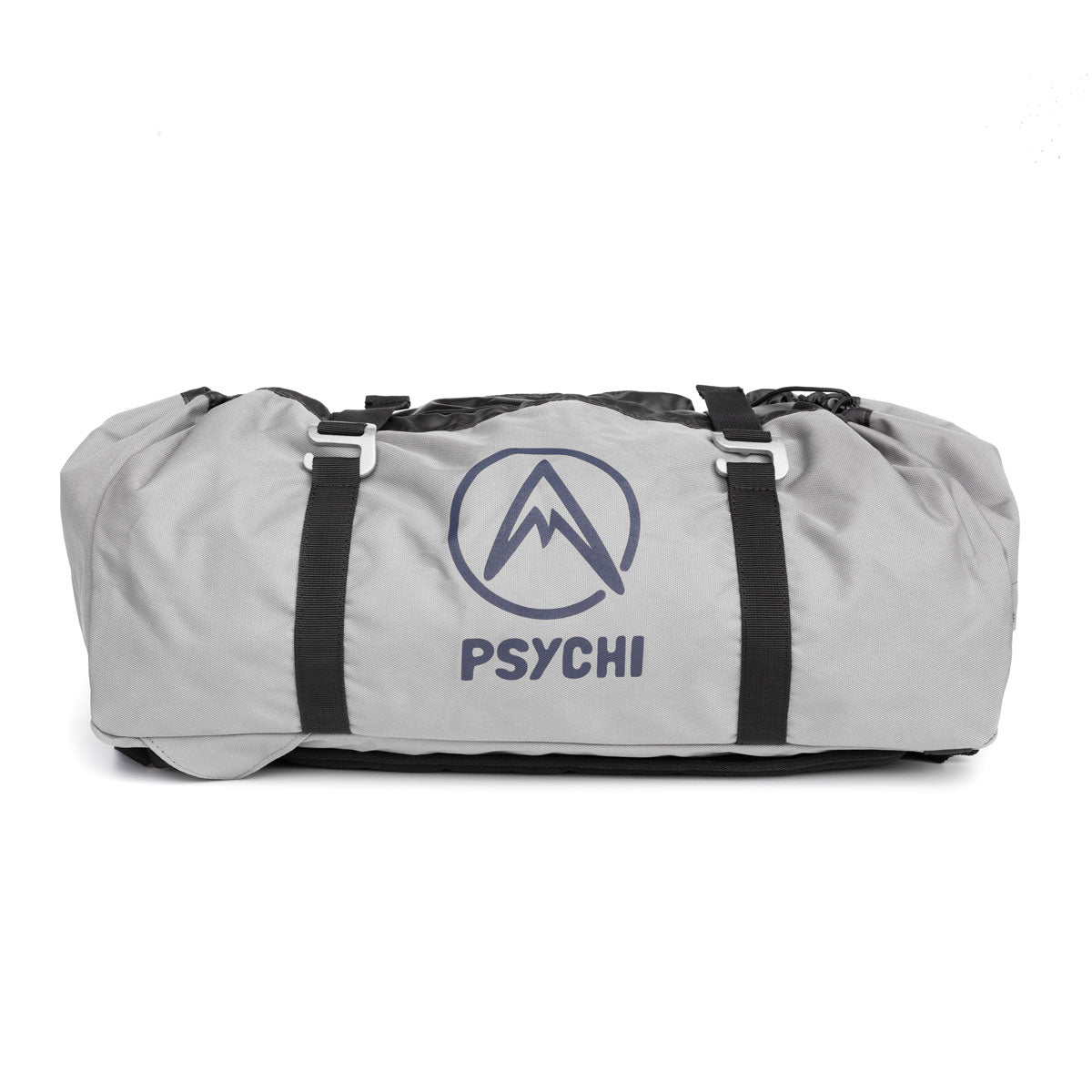Light grey duffel climbing rope bag with black straps and PsyChi logo