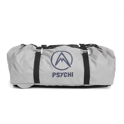 Light grey duffel climbing rope bag with black straps and PsyChi logo