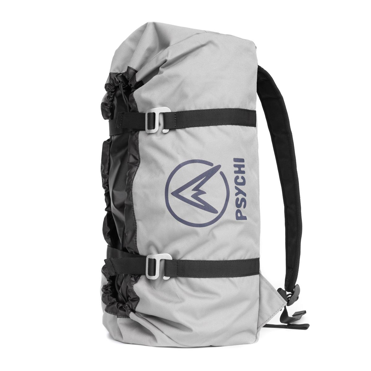 Light grey climbing rope bag with black straps and PsyChi logo