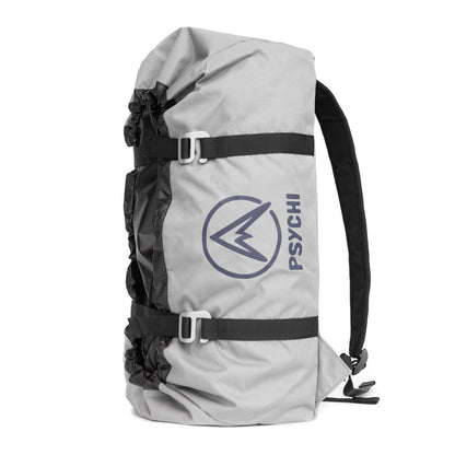 Light grey climbing rope bag with black straps and PsyChi logo