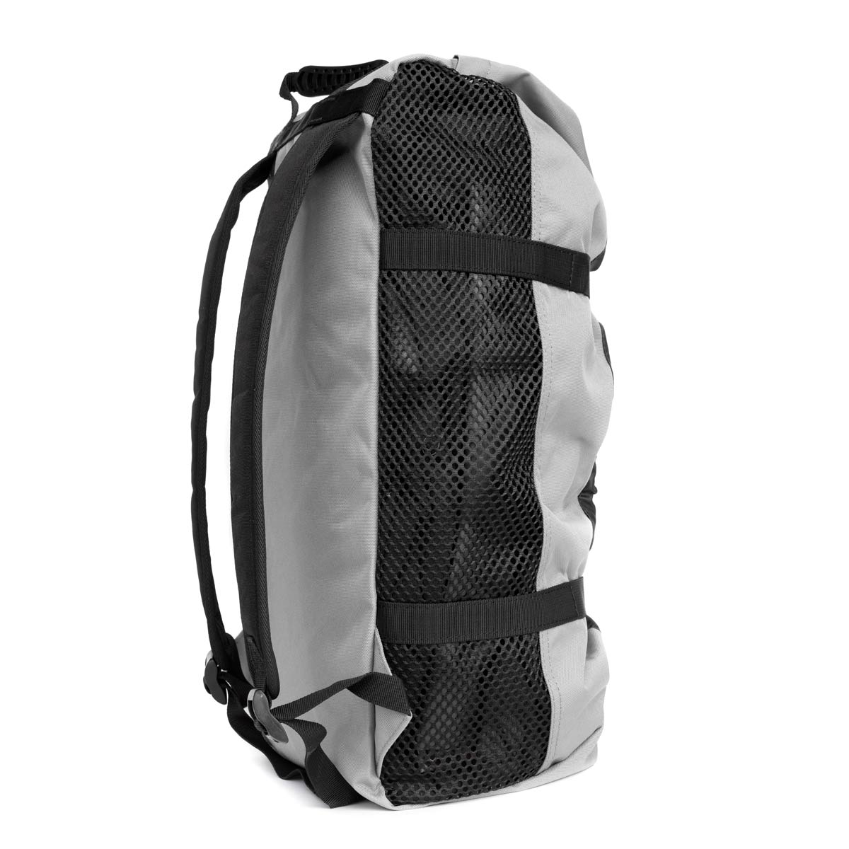 Light grey climbing rope bag with black mesh side panel and shoulder straps