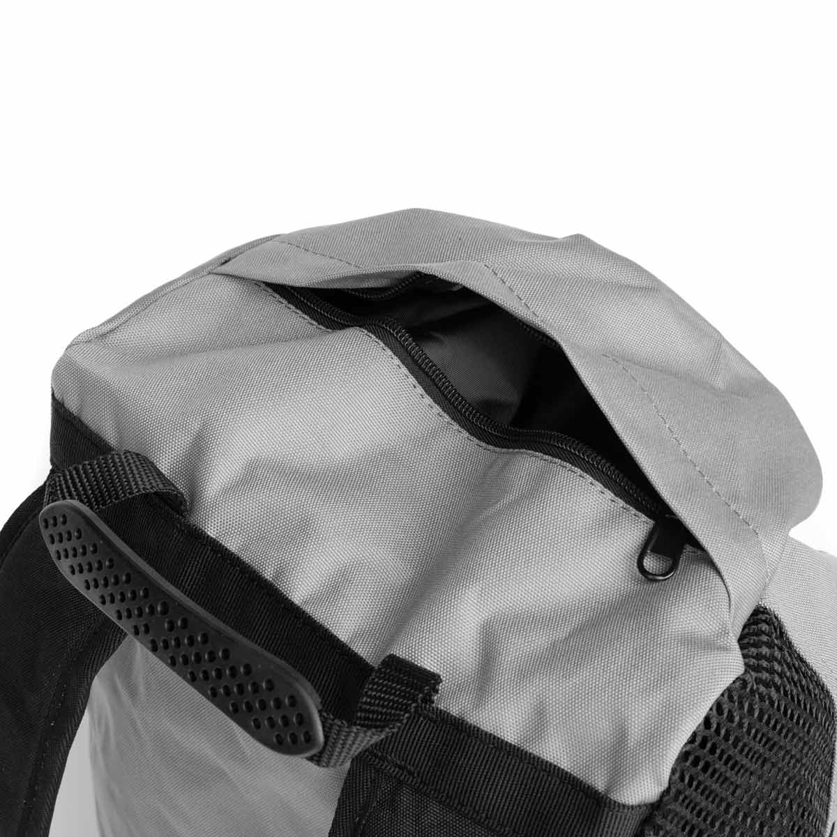 Grey climbing rope bag with black zip opening and webbing strap detail.