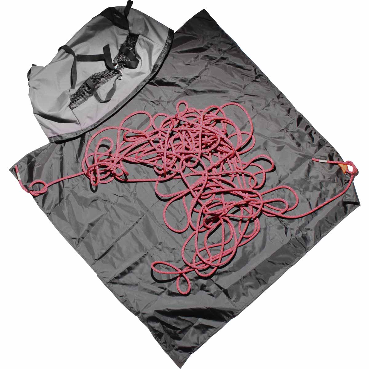 Grey climbing rope bag with black straps and red rope laid on top.