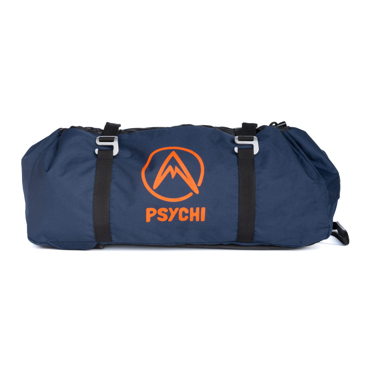 Navy blue climbing rope bag with front logo patch and side carry handles