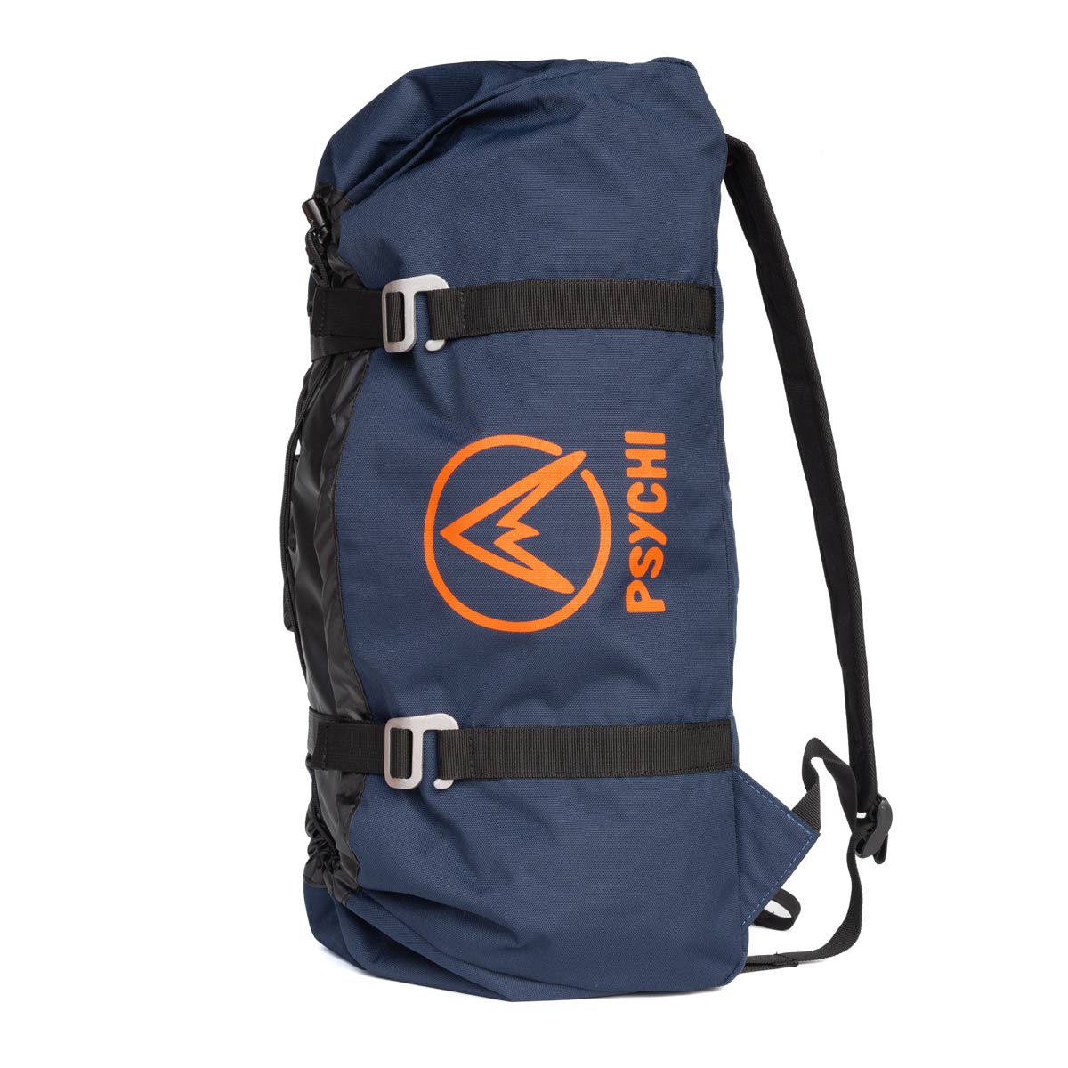 Navy blue climbing rope bag with orange Psychi logo and webbing straps