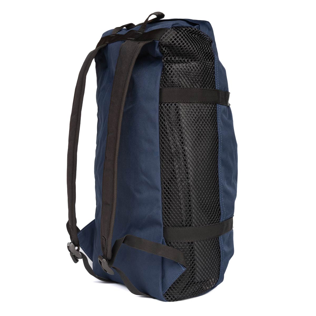 Blue climbing rope bag with black mesh side panel and adjustable shoulder straps