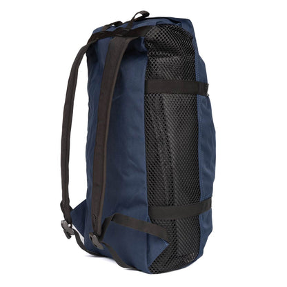 Blue climbing rope bag with black mesh side panel and adjustable shoulder straps
